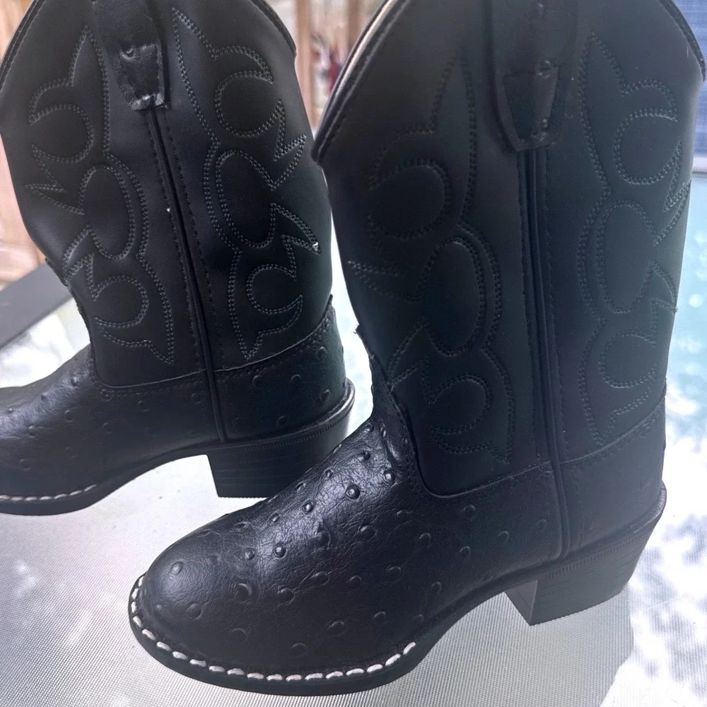 Old West Cowboy Boots Kids 9.5 Black Ostrich Print Western OR9110